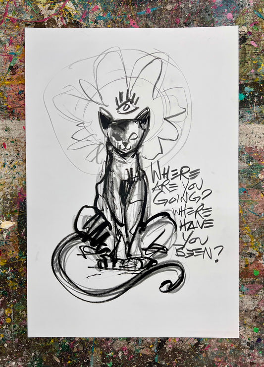 Where Are You Going? Where Have You Been? / Charcoal Cat Sketch / Archival Paper / May 2025