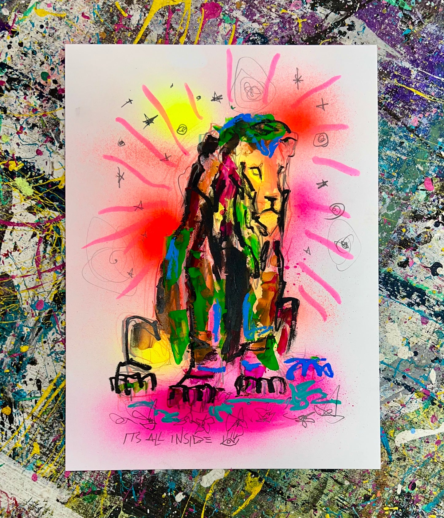 Curiosity Kissed the Cat / Lion / Mixed-Media on Archival Paper / November 2023