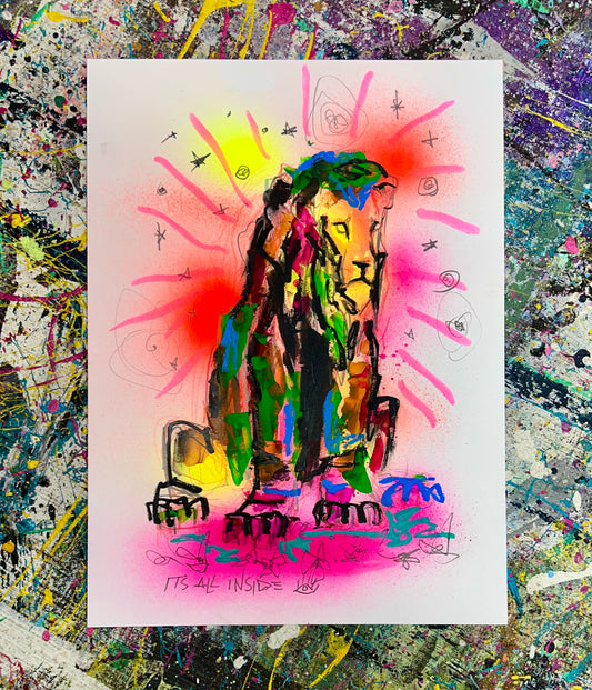 Curiosity Kissed the Cat / Lion / Mixed-Media on Archival Paper / November 2023